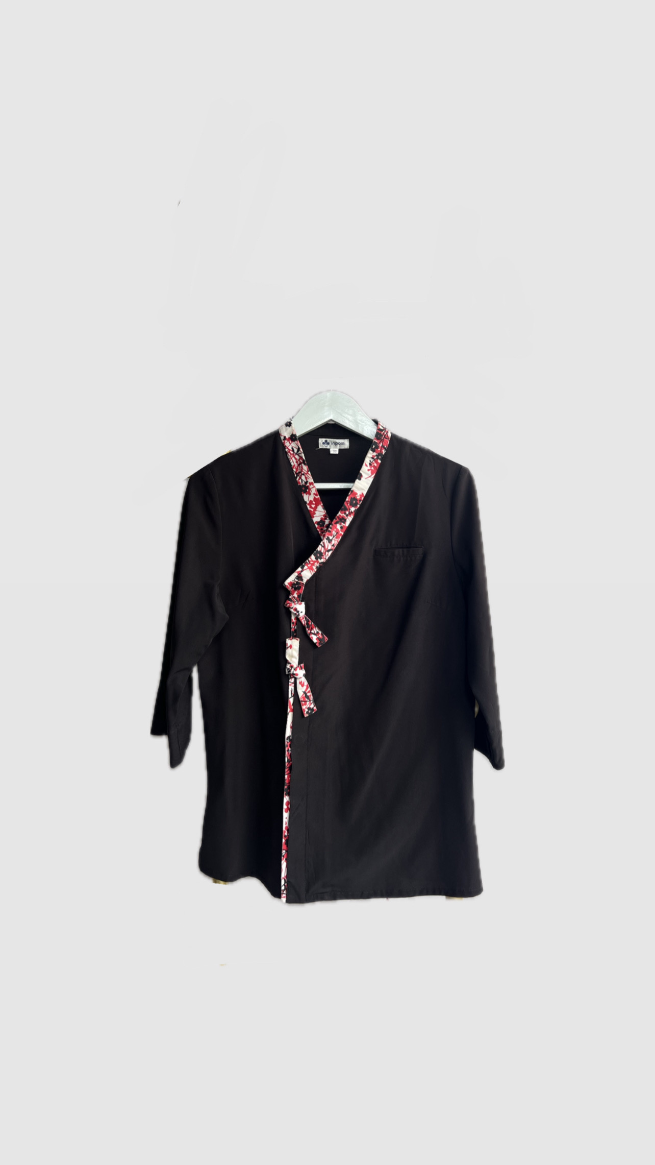 Black Kimono Wrap Top with Floral Trim